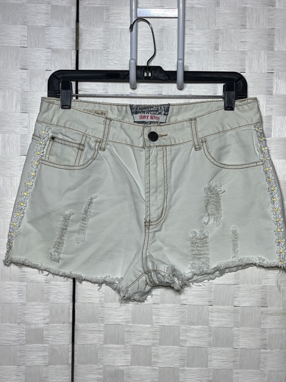 Hot Kiss white Distressed Denim Shorts with Daisy Side Trim Size 13